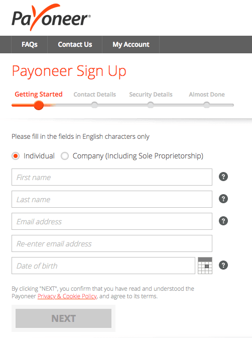 Payoneer sign up process, step 2