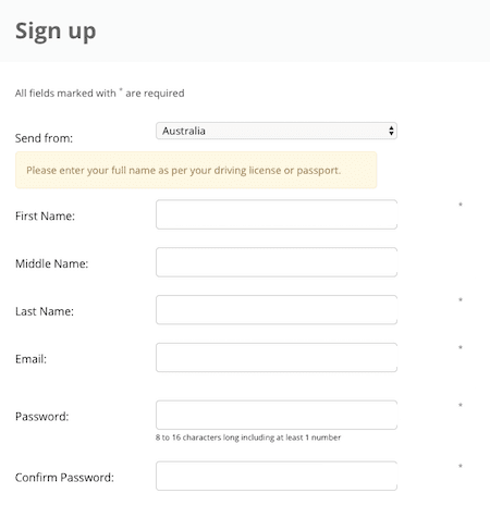 Signing up with WorldRemit, step 1
