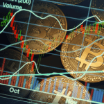 Cryptocurrency coins faded in a market trading background