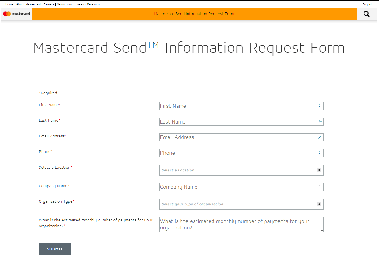 Request form page of Mastercard Send