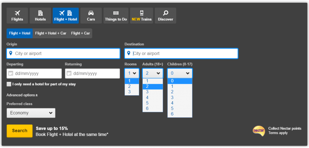 Expedia is very flexible and has multiple advanced options such as