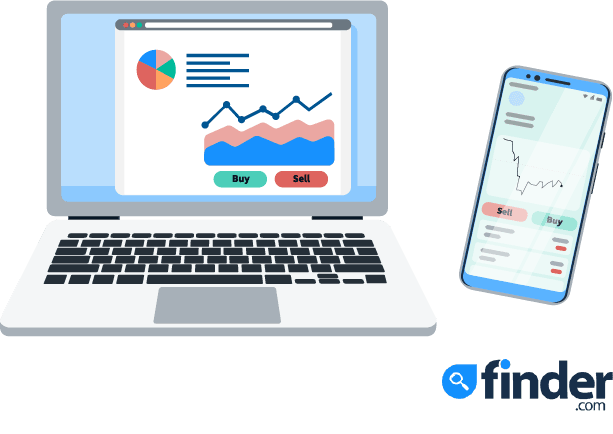 A laptop and smartphone showing trading graphs and Buy and Sell buttons