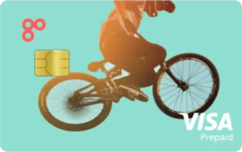 Example of a personalised GoHenry card with a teenager in skater clothes performing a jump on a bike.