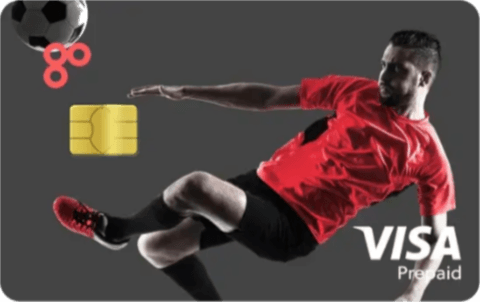 Example of a personalised GoHenry card with a footballer in mid air wearing a red shirt and striking a ball.