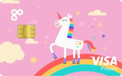 Example of a personalised GoHenry card with a brightly-coloured unicorn walking across a rainbow.