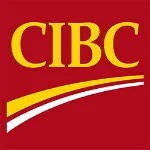CIBC logo, small, gold letters on red background