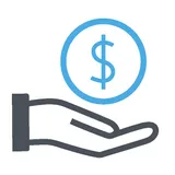 Grey and blue icon of hand holding dollar sign