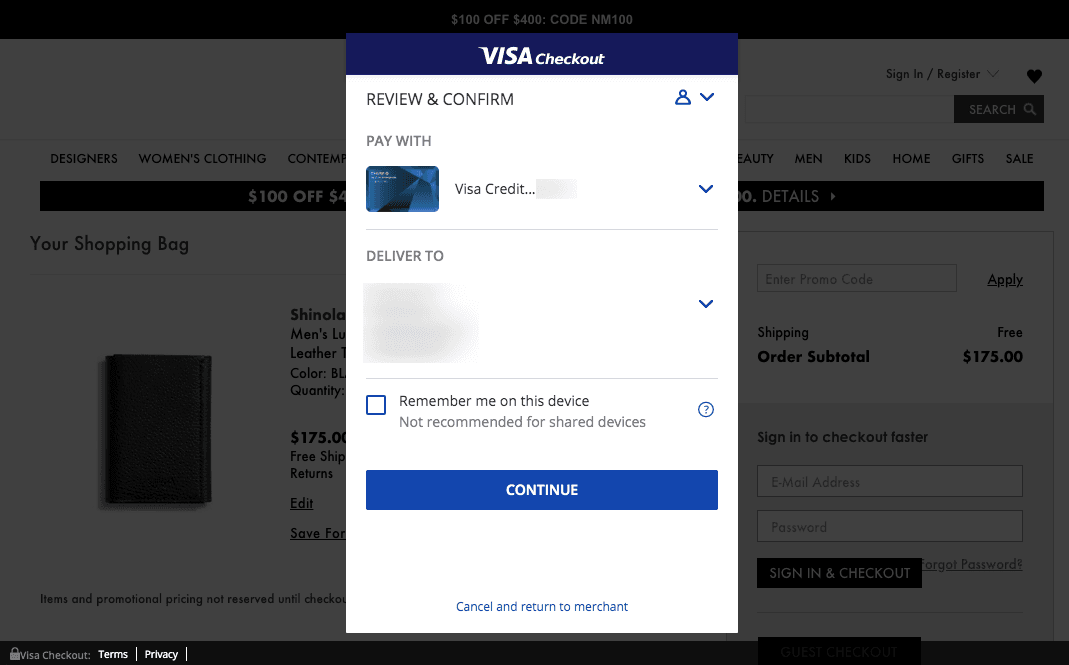 Visa Checkout screenshot, payment and shipping details screen