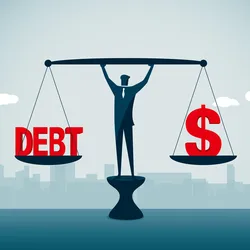 Graphic of man holding up scales with debt and money