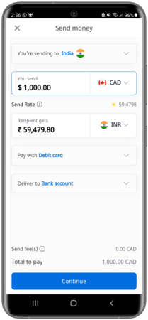 Xe mobile app screenshot of sending a money transfer