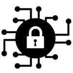 Cybersecurity icon showing a lock in a network of nodes