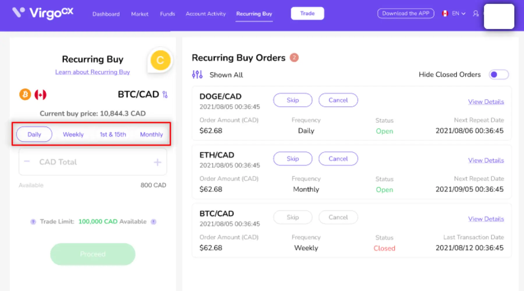 VirgoCX screenshot of recurring buy orders